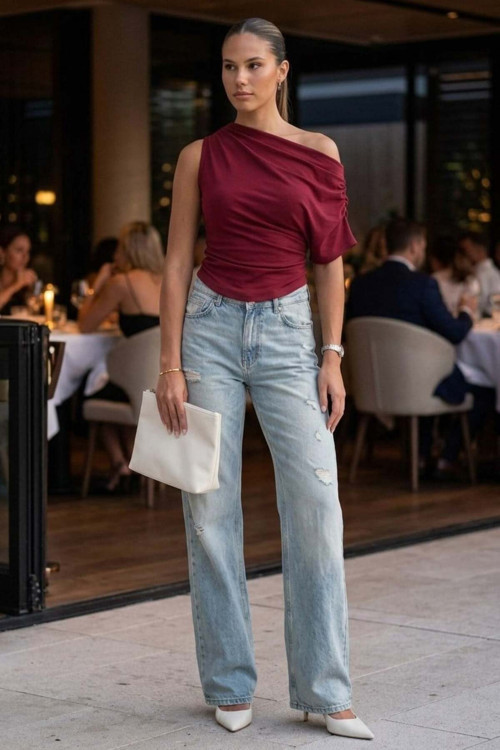 Bordo Tek Omuz Modern Kesim Şık Kadın Bluz Mg2669