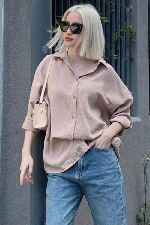 Bej Uzun Kollu Çizgili Oversize Gömlek Mg2080