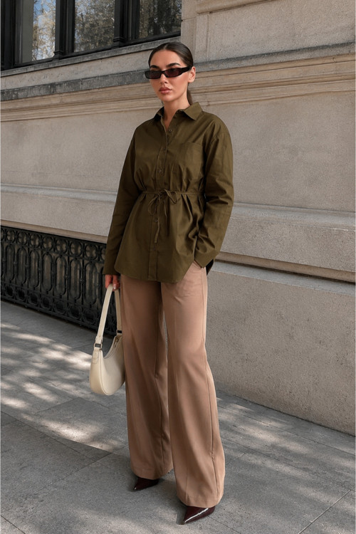 Haki Belden Bağlamalı Oversize Cepli Gömlek Mg2798