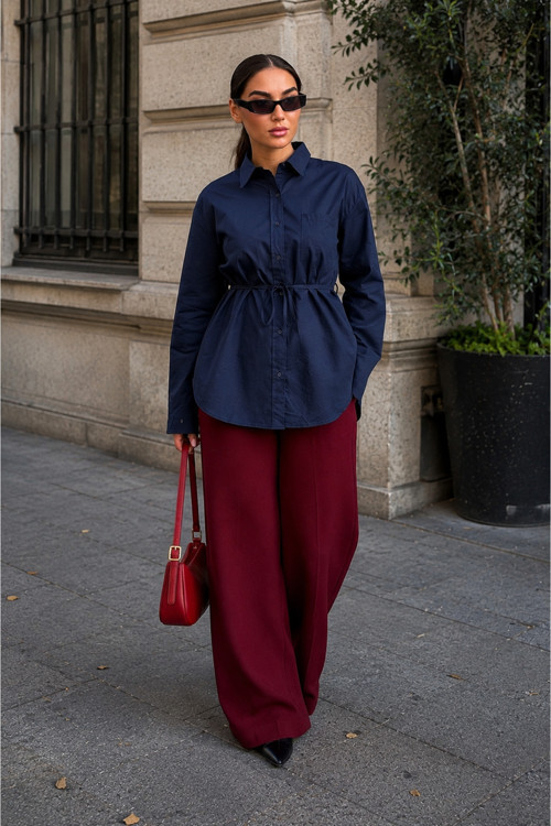 Lacivert Belden Bağlamalı Oversize Cepli Gömlek Mg2798