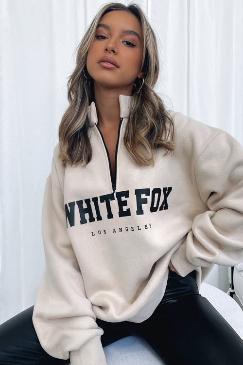 Bej Fermuar Detaylı Baskılı Sweatshirt Mg1246