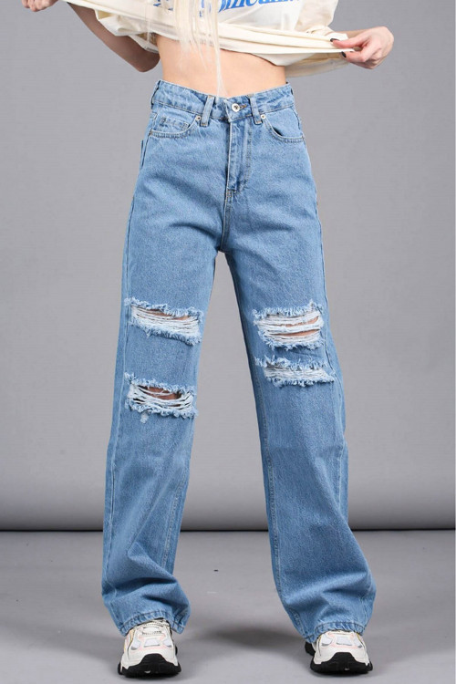 Mad Girls Mavi Yırtıklı Straight Leg Jean Mg1152