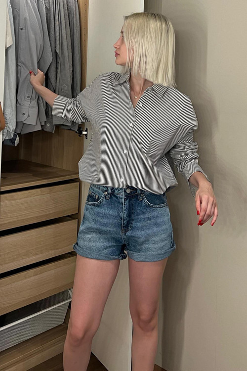 Siyah Çizgili Over Fit Gömlek Mg1525
