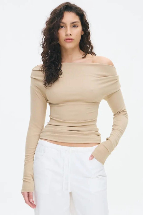 Bej Kadın Off Shoulder Uzun Kollu Bluz Mg2567