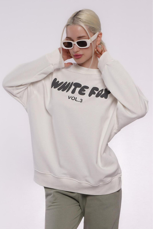 Ekru Bisiklet Yaka Baskılı Sweatshirt Mg1904