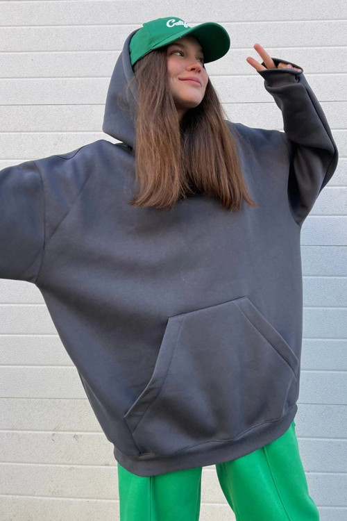 Füme Kapüşonlu Şardonlu Oversize Sweatshirt Mg1566