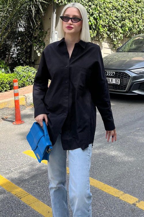 Siyah Oversize Basic Cepli Poplin Gömlek Mg1530