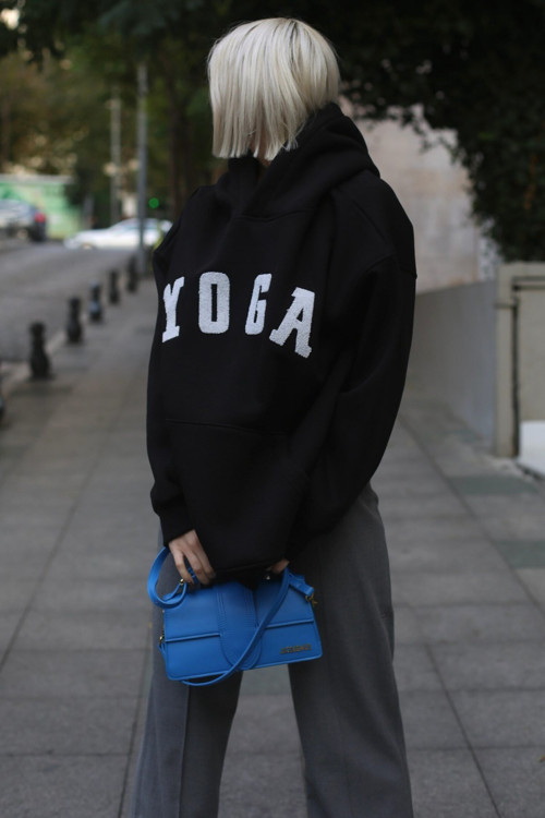 Siyah Nakışlı Oversize Kapüşonlu Sweatshirt Mg1580