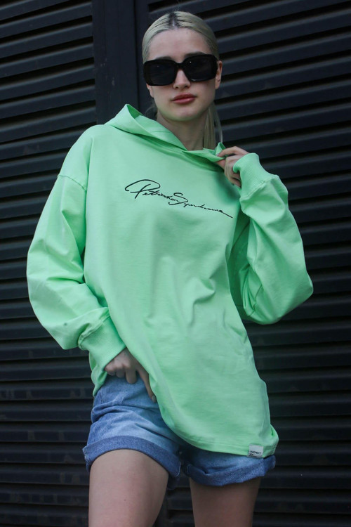 Açık Yeşil Nakışlı Kapüşonlu Kadın Sweatshirt Mg1691