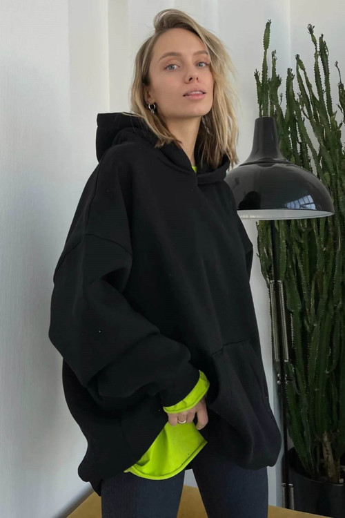 Siyah Kapüşonlu Şardonlu Oversize Sweatshirt Mg1566