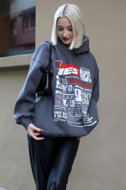 Antrasit Baskılı Oversize Kapüşonlu Kadın Sweatshirt Mg1581
