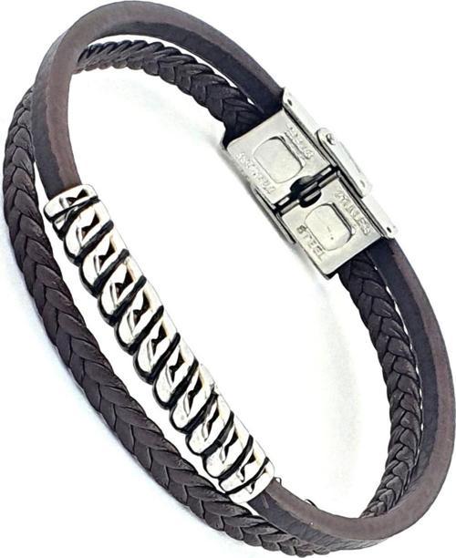 Çelik Detaylı Kahve Rengi Deri Erkek Bileklik