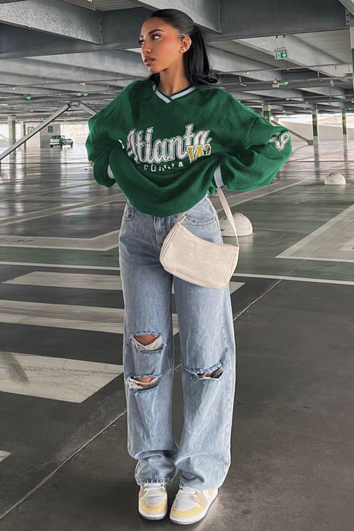 Yeşil Baskılı V Yaka Sweatshirt Mg1576