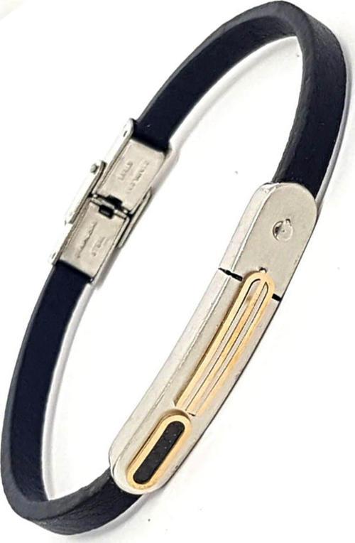 Siyah Derili Çelik Detaylı Erkek Bileklik