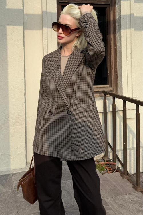Kahverengi Kareli Kadın Blazer Ceket Mg2624