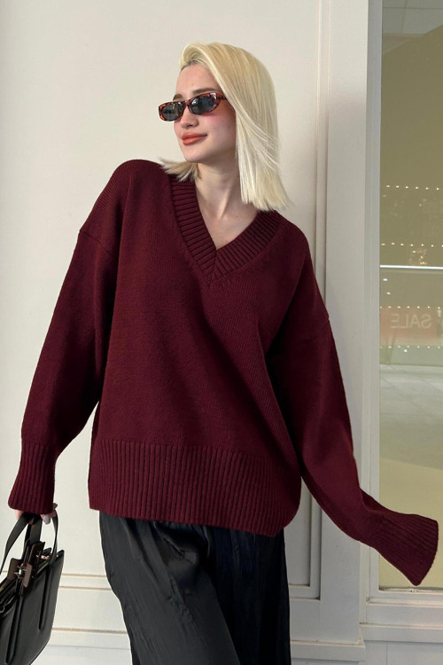 Bordo V Yaka Oversize Kadın Triko Kazak Mg2149