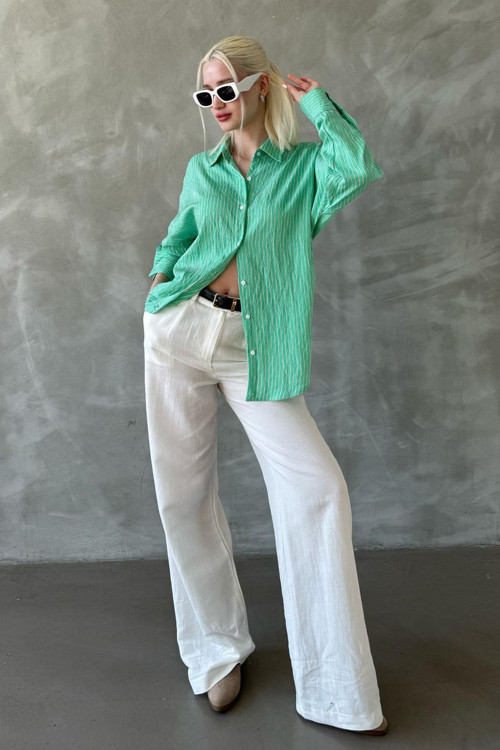 Yeşil Çizgili Oversize Kadın Gömlek Mg2327