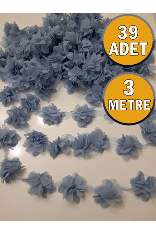 39 Adet Mavi Lazer Kesim Gül 3 Metre Yapay Tül Çiçek Süsleme Paketleme