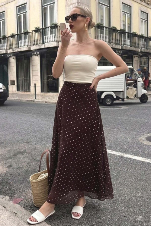 Kahverengi Minimal Puantiye Desen Şifon Astarlı Etek Mg2821