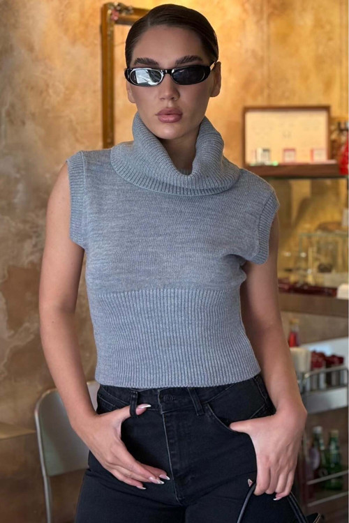 Gri Aura Kolsuz Balıkçı Yaka Triko Bluz Mg2825