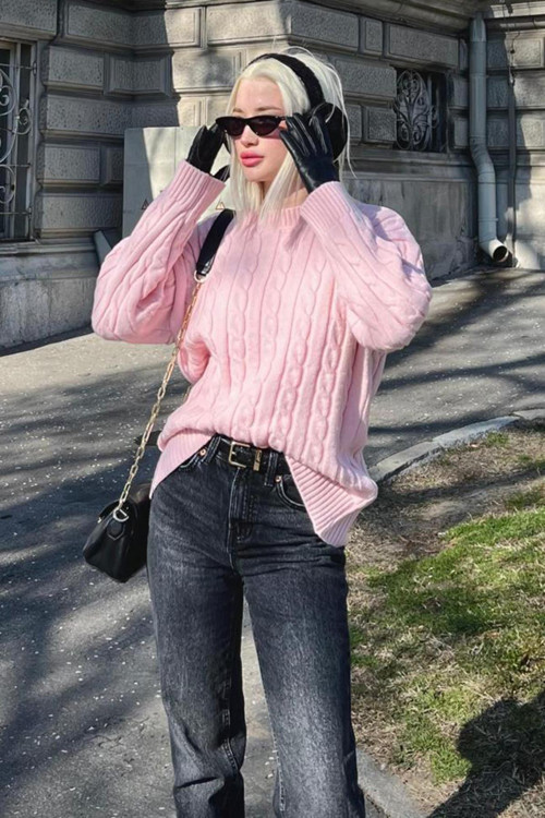 Pembe Bisiklet Yaka Örgülü Triko Kazak Mg2336