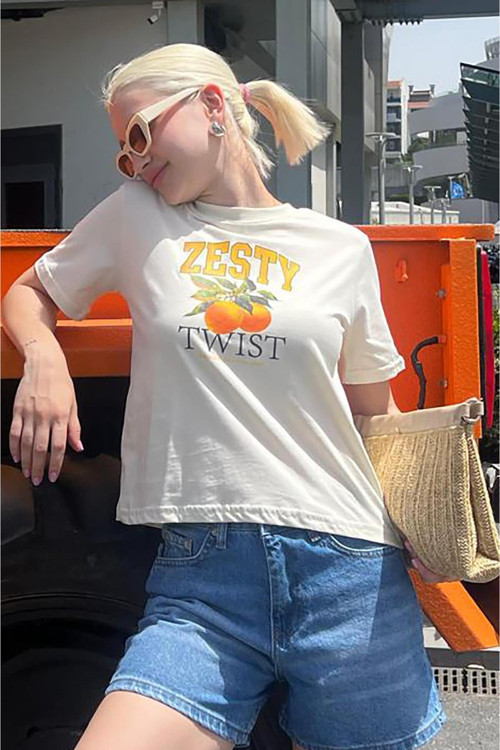 Sarı Bisiklet Yaka Pamuklu Kısa Kollu Kadın T-Shirt Mg2150