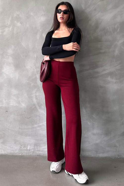 Bordo Yüksek Bel Düz Model Kadın İspanyol Paça Tayt Pantolon Mg2288