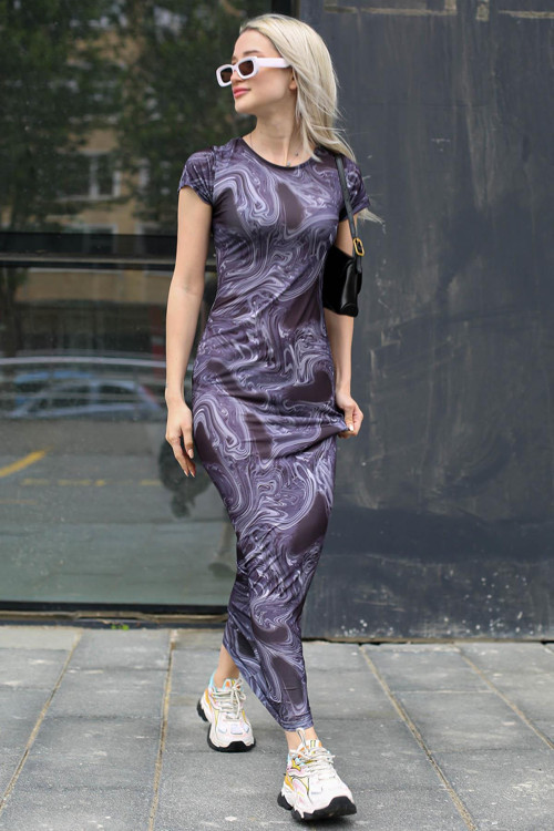 Lacivert Batik Desen Uzun Elbise Mg1723