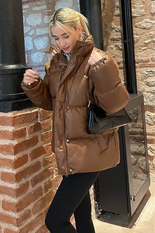 Kahverengi Basic Oversize Kadın Şişme Mont Mg1582