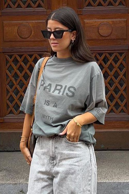 Füme Paris Baskılı Kadın Tişört Mg1654