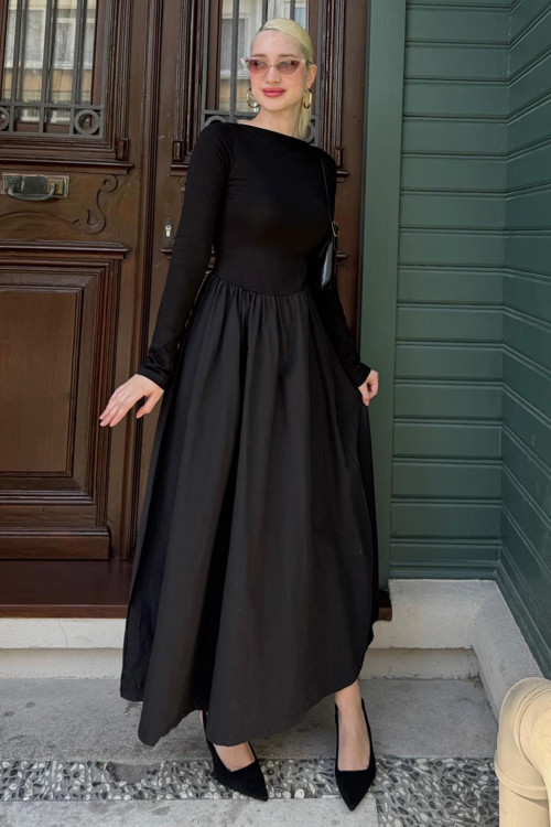 Siyah Maxi Boy %100 Pamuklu Kadın Elbise Mg2365