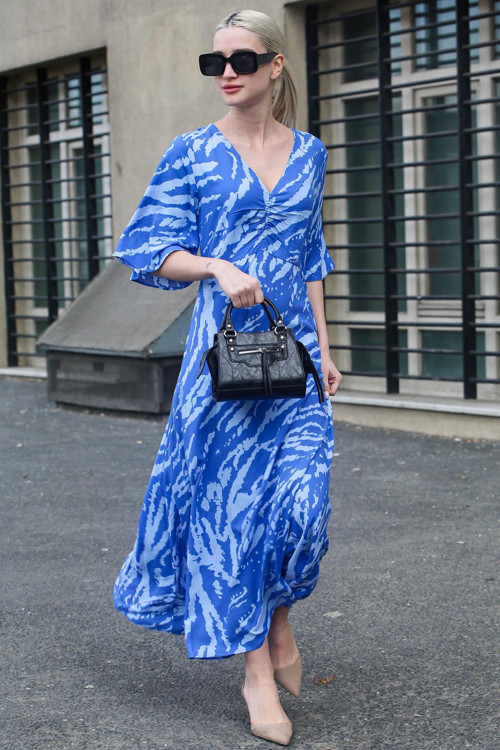 Saks Desenli V Yaka Midi Elbise Mg1797