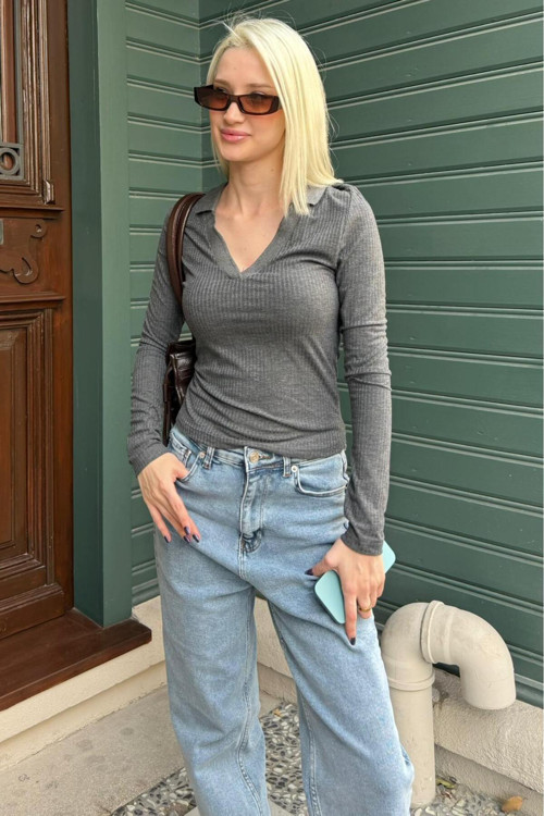 Antrasit Polo Yaka Fitilli Kadın Body Mg2566
