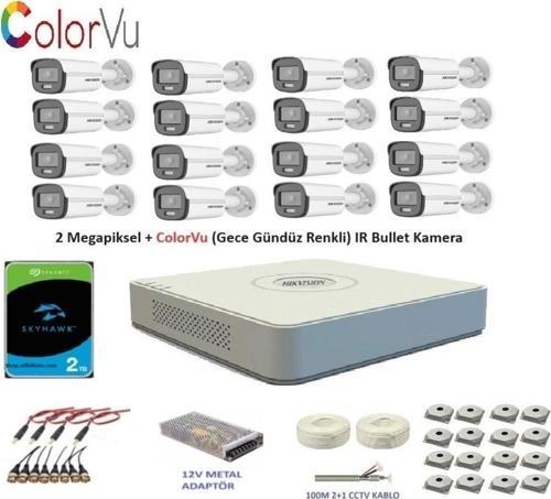 2mp 16 kameralı Dış ortam AHD HD-TVI ColorVu Gece Renkli Kamera Seti 2TB Disk