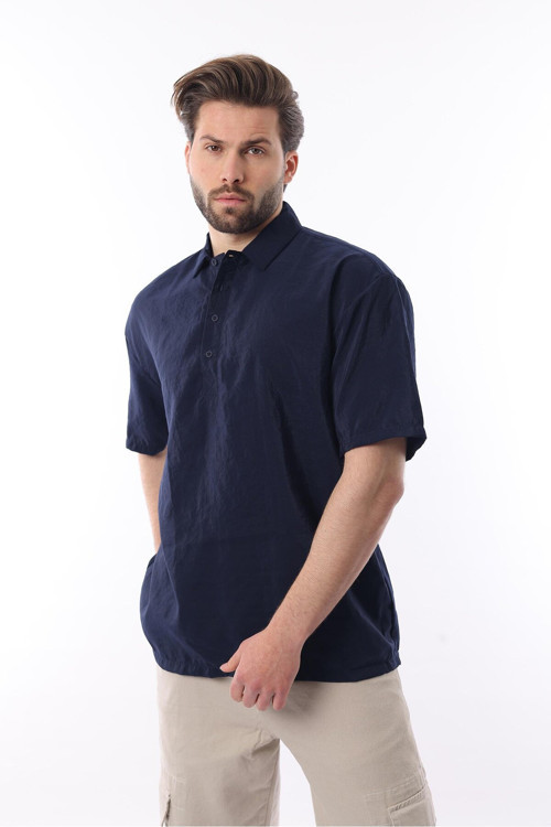Lacivert Oversize Rahat Kesim Kısa Kollu Gömlek 6744