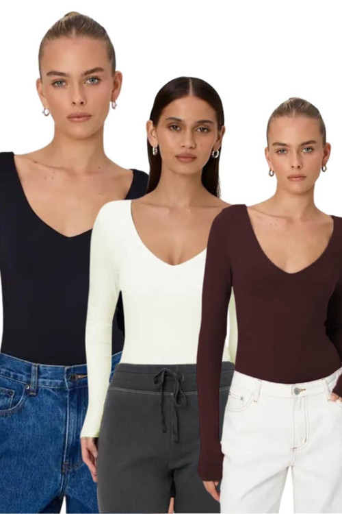 Kahverengi/Beyaz/Siyah V Yaka Uzun Kol Esnek Kumaş Kadın Bodysuit 3'Lü Set Mg2132