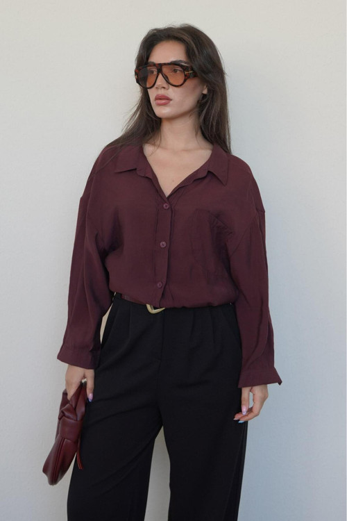 Bordo Cepli Kadın Uzun Kollu Gömlek Mg2409