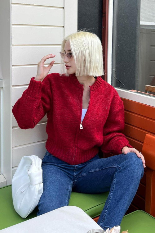 Kırmızı Fermuarlı Uzun Kollu Triko Hırka Mg2061