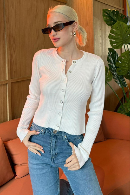 Beyaz Çıt Kapamalı Triko Kadın Hırka Mg2579