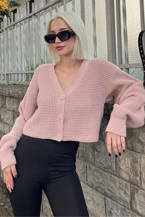 Pudra Uzun Kollu Düğmeli Crop Hırka Mg2198