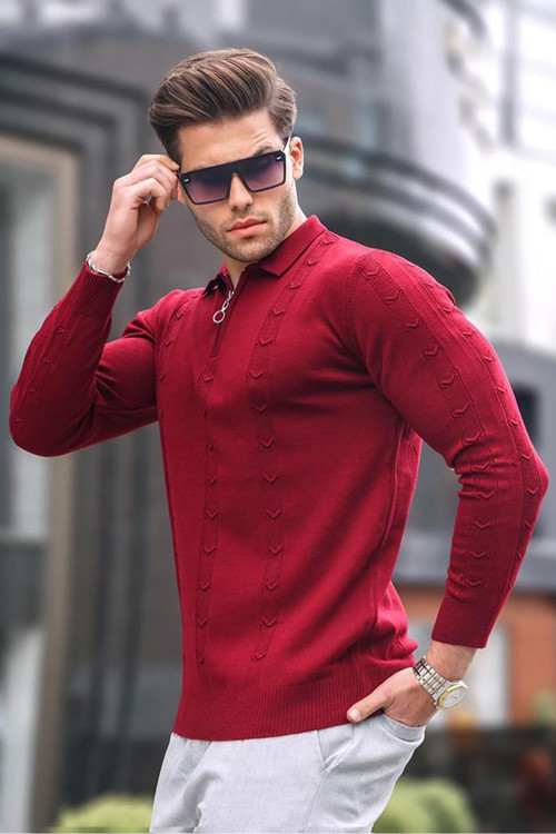 Bordo Fermuar Detaylı Triko Kazak 5606