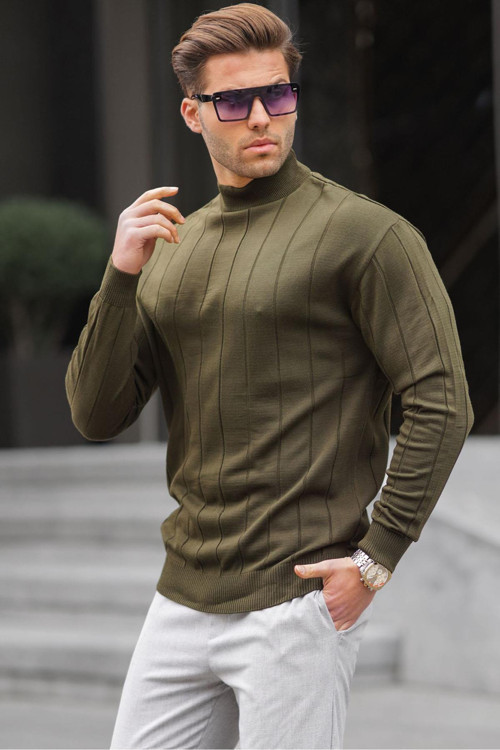 Haki Slim Fit Yarım Balıkçı Yaka Çizgili Tüylenmeyen Erkek Triko Kazak 6344