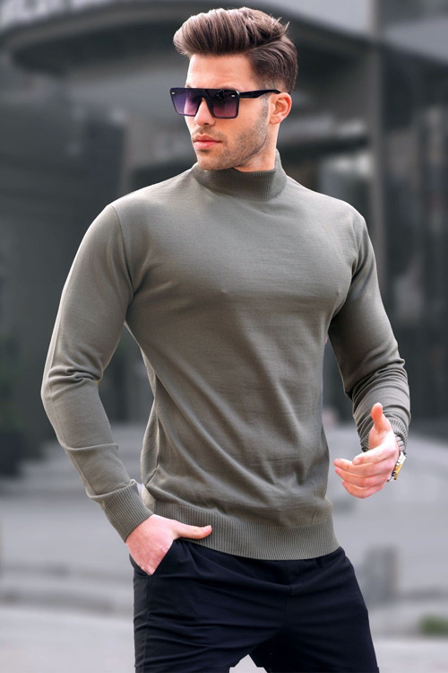 Çağla Yeşili Slim Fit Yarım Balıkçı Yaka Erkek Triko Kazak 6343
