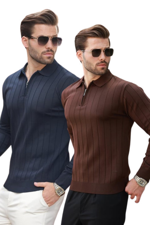 Kahverengi/Lacivert Polo Yaka Fermuarlı Örme Kazak 2'Li Set 7242