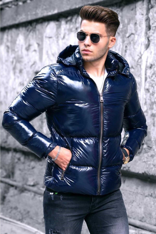 Erkek Lacivert Parlak Şişme Mont 9254