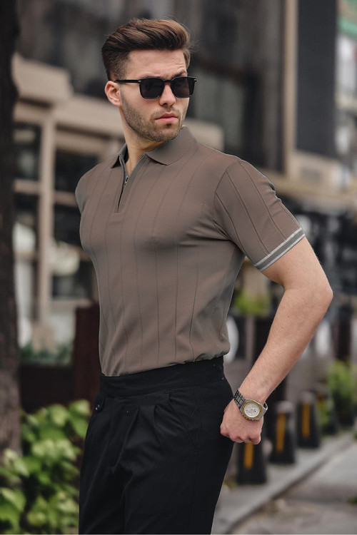 Erkek Açık Kahverengi Polo Yaka Fermuarlı Tişört 6876