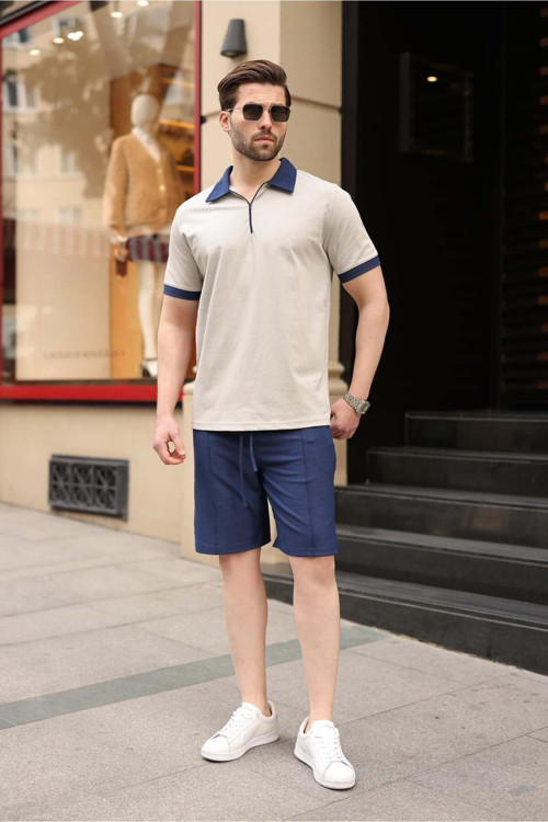 Boyalı Gri %100 Pamuklu Polo Yaka Şort Tişört Takım E7358