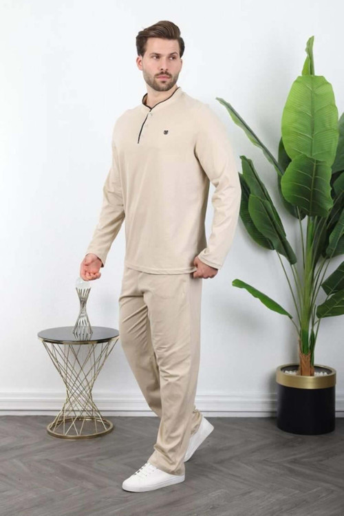 Bej %100 Pamuklu Düğmeli Yaka Erkek Pijama Takımı E7333
