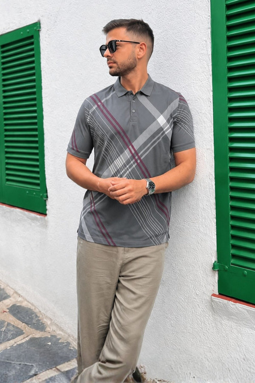 Füme Desenli Polo Yaka Erkek Tişört 6079