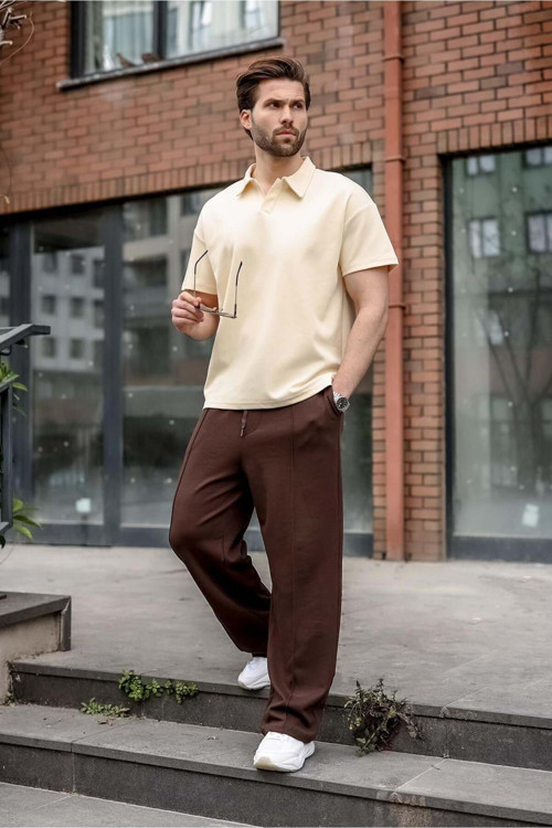 Bej Polo Yaka Oversize Erkek Tişört E7185